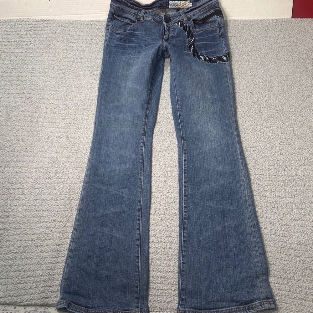 Akademiks Jeans Flare Low Rise 28‎ Blue Y2K Streetwear Cyber Art Embroidered